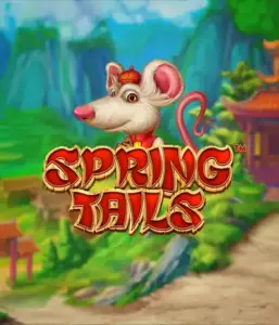 A whimsical illustration of a mouse dressed in traditional Chinese attire positioned in front of a picturesque mountain backdrop. The image promotes the Spring Tails game by Betsoft, highlighted with bold gold and red logo text.